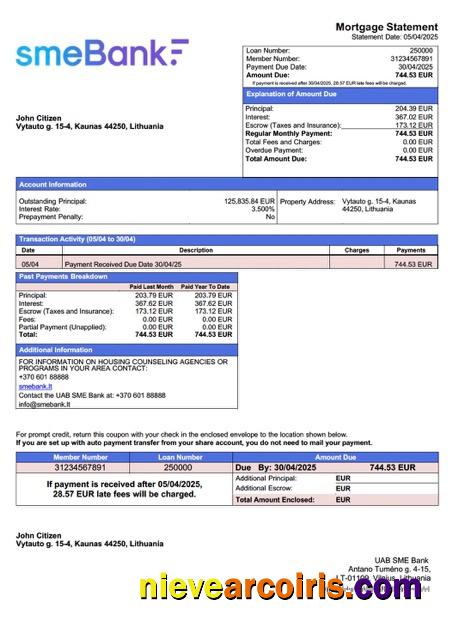 Lithuania UAB SME Bank mortgage statement Word and PDF template